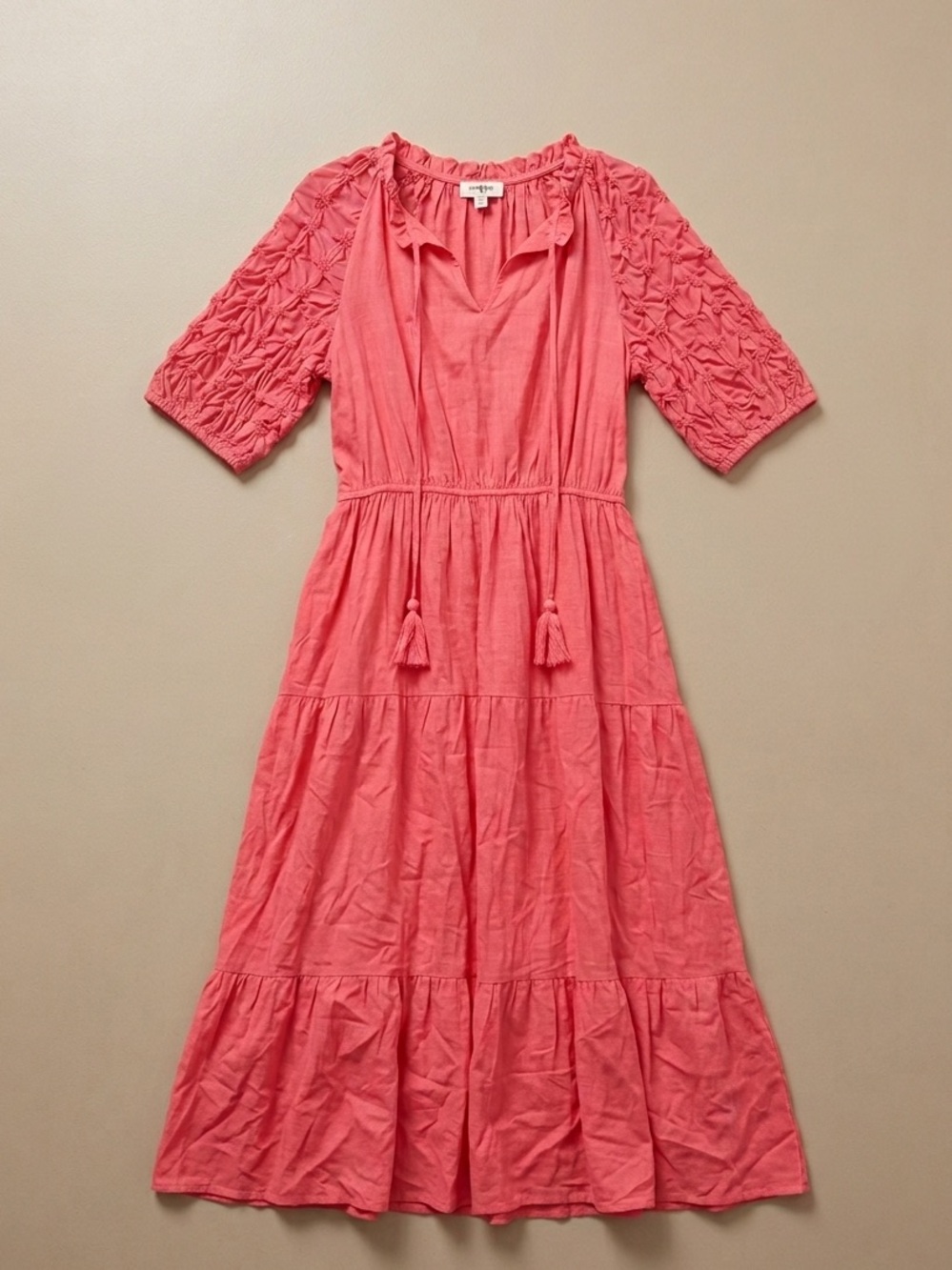 Umgee Coral Pink Boho Midi Dress Size Small Puff Sleeve Tiered Dress